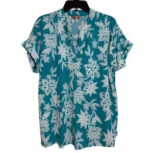 Amana XL Teal Blue White Floral Cap, Cuffed Sleeves V-neck Buttons Down the Back